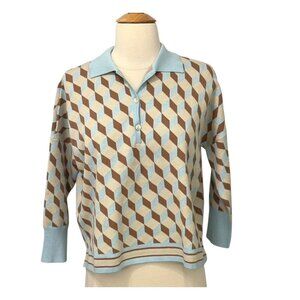 Tuckernuck Clayton Knit Polo Top Light Blue Tan Retro Boxy 3/4 Sleeve Size XS/S